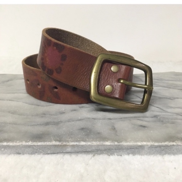 Lucky Brand Accessories - Lucky Brand Leather Floral Print Belt Tan Brown Bronze Buckle Boho Revival